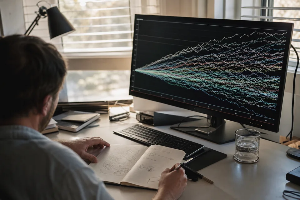 A futures trader's desk with a monitor showing many overlapping abstract equity curves and a notebook of strategy sketches