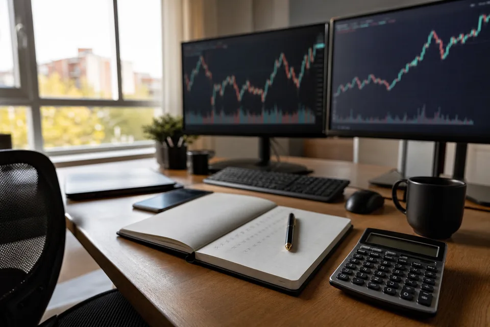 A trading desk with two chart monitors, a notebook tallying trades and a calculator
