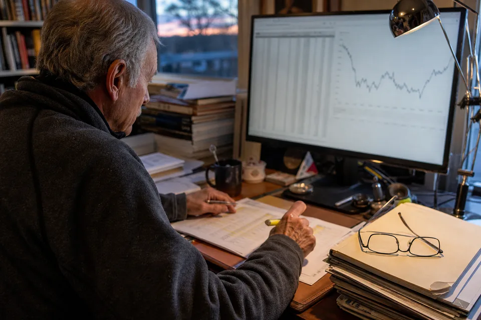 A retired investor at a home study desk at dusk comparing a sorted stock ranking on screen with a highlighted printout, a decades-long line chart beside it
