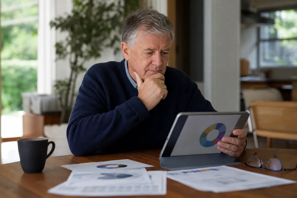 A private investor reviewing a colorful company chart on a tablet with printed annual reports beside it