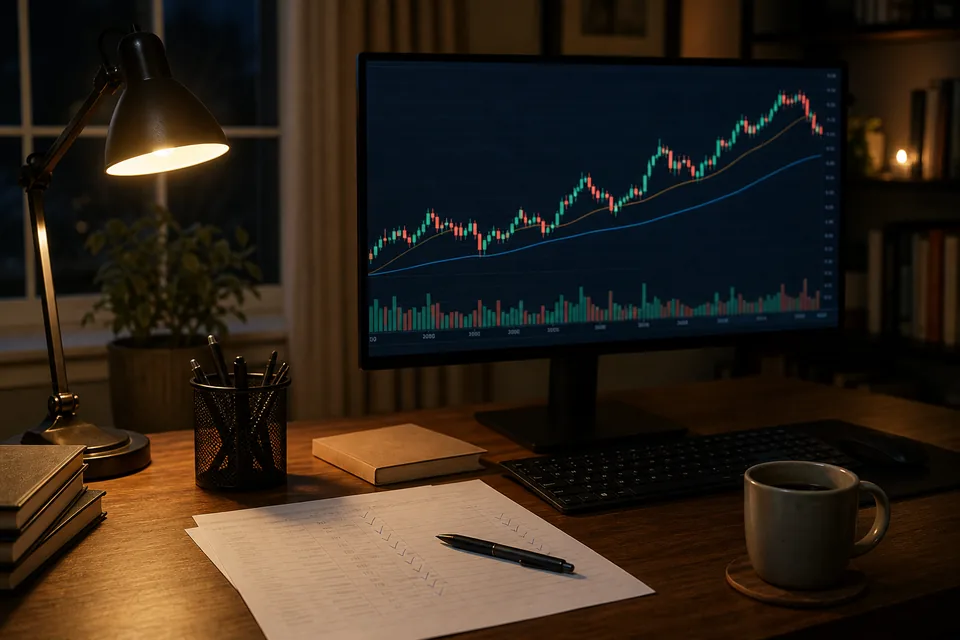 A home office desk with a large monitor showing a candlestick chart, a printed watchlist and a cup of coffee