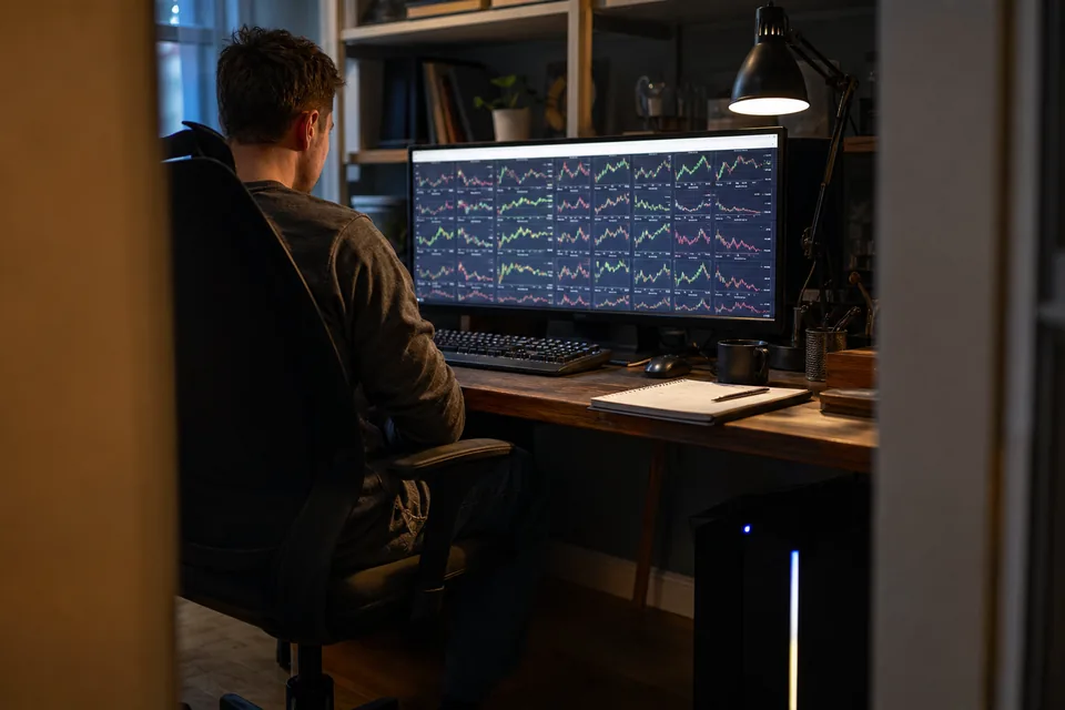A trader at a desk at night watching a monitor filled with rows of small equity curves, with a desktop tower computer under the desk