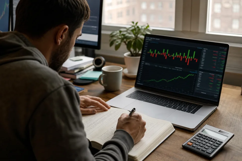 A trader writing in a paper journal beside a laptop that shows a profit and loss bar chart, with a calculator and a coffee mug on the desk