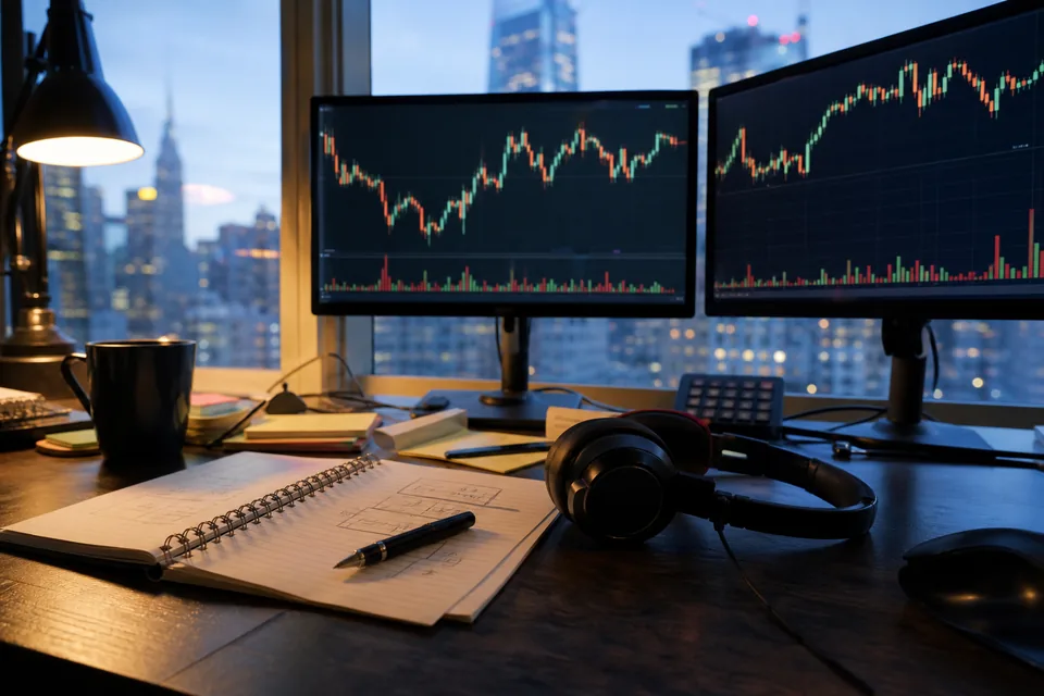 Two monitors with abstract intraday price bars, a futures trading notebook and a headset on a desk in the early morning