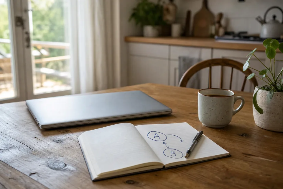 A closed laptop, a notebook with letter grades circled in pen and a mug of tea on a kitchen table in morning light