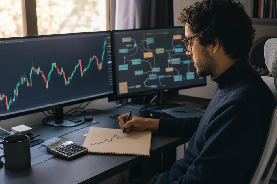 A Windows desktop workstation with two monitors showing abstract candlestick charts and a block diagram of trading rules